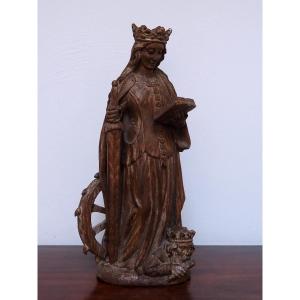 Oak Sculpture Representing Saint Catherine Of Alexandria, Early 17th Century, Flanders 