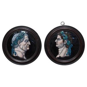 Two Round Enamel Plaques Depicting Nero And Caligula, In The Style Of Jacques Laudin