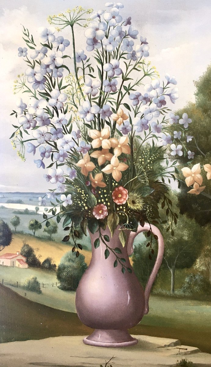 Carl Prévot (1933). "Bouquet de fleurs au paysage". Vers 1970.-photo-4