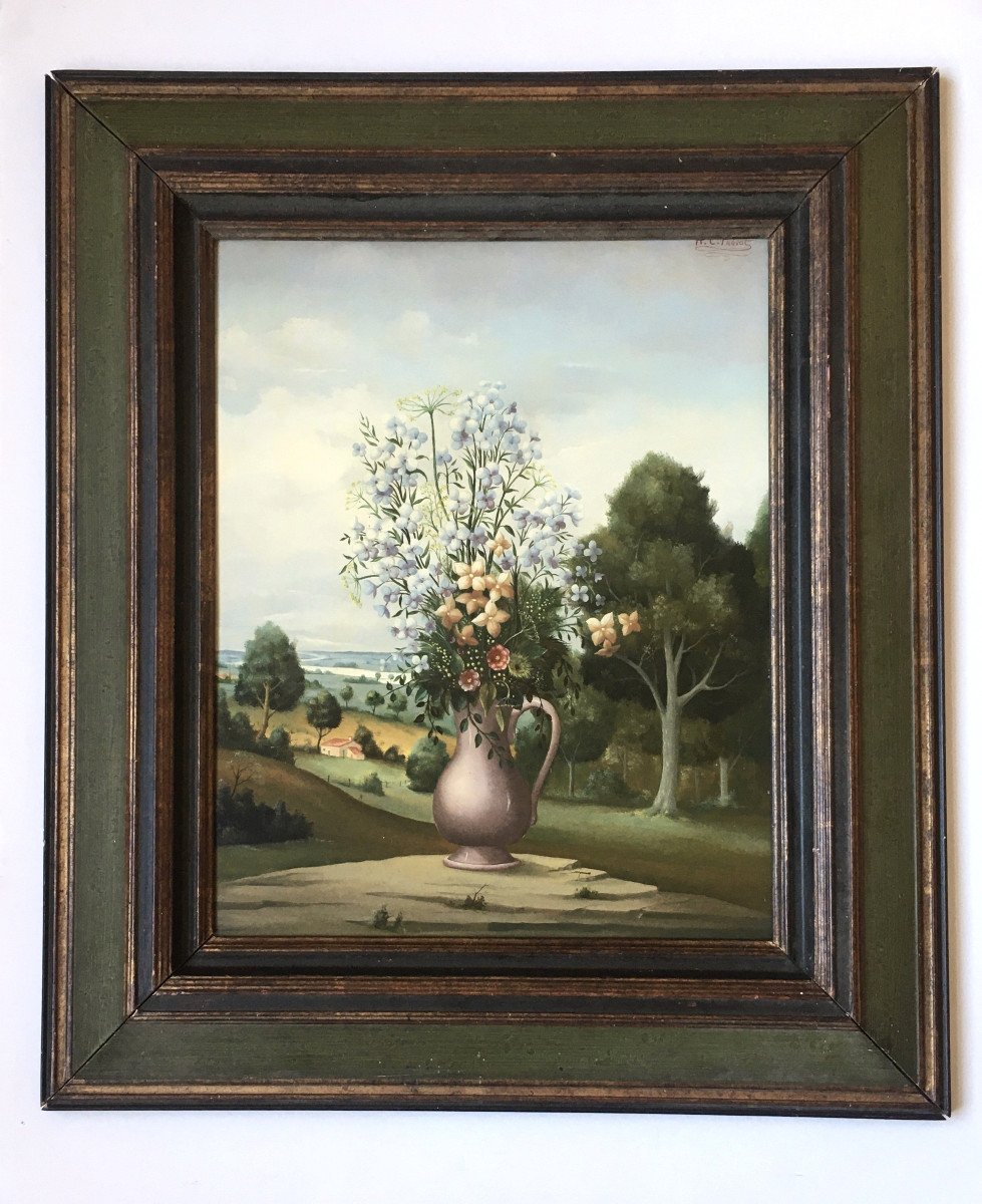 Carl Prévot (1933). "Bouquet de fleurs au paysage". Vers 1970.