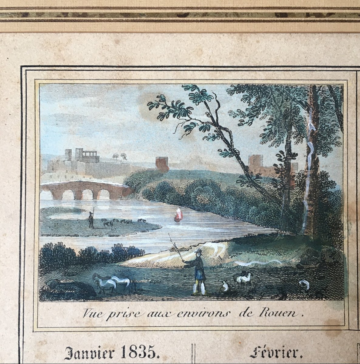 Calendrier de 1835, gravures aquarellées. " Vues de Rouen, Rodez, Meudon".-photo-2