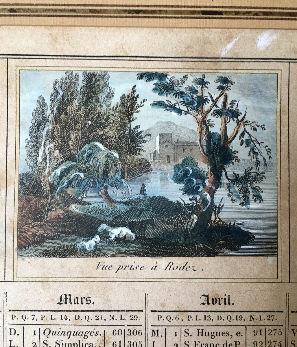 Calendrier de 1835, gravures aquarellées. " Vues de Rouen, Rodez, Meudon".-photo-3