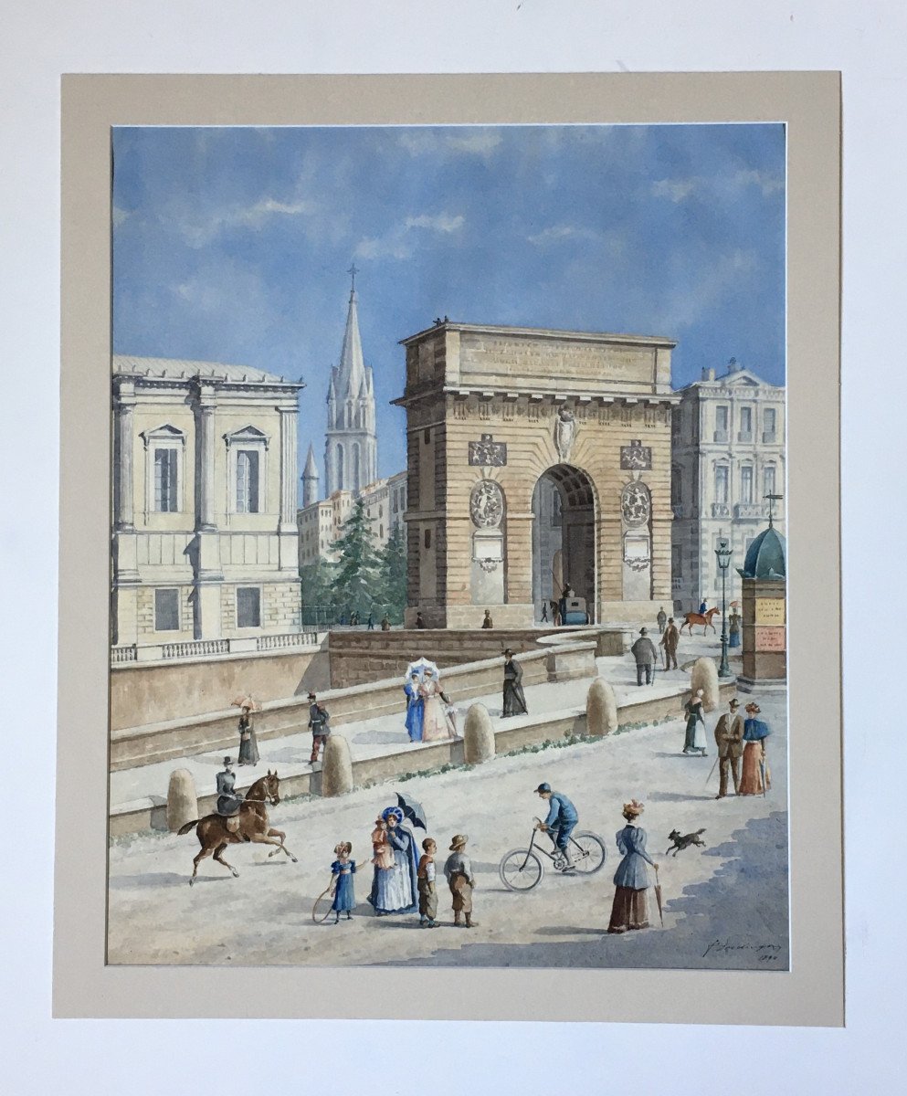 Vue animée de l'Arc de Triomphe à Montpellier. 1894. Aquarelle signée.-photo-1
