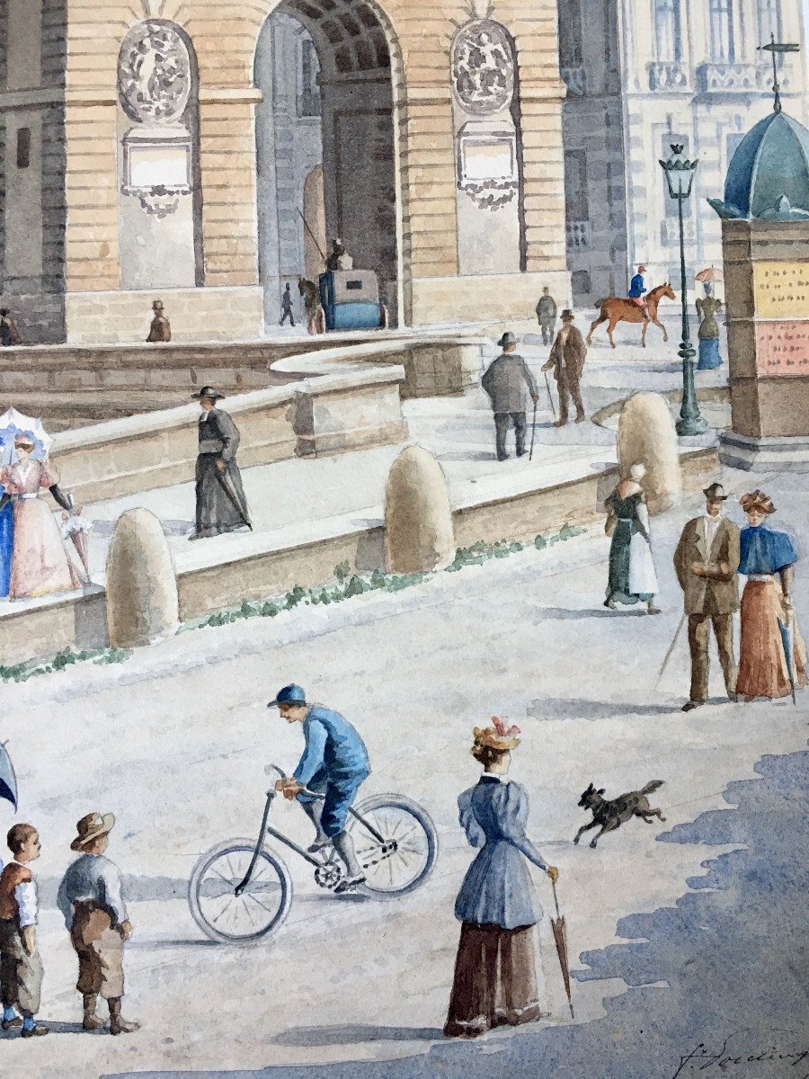 Vue animée de l'Arc de Triomphe à Montpellier. 1894. Aquarelle signée.
