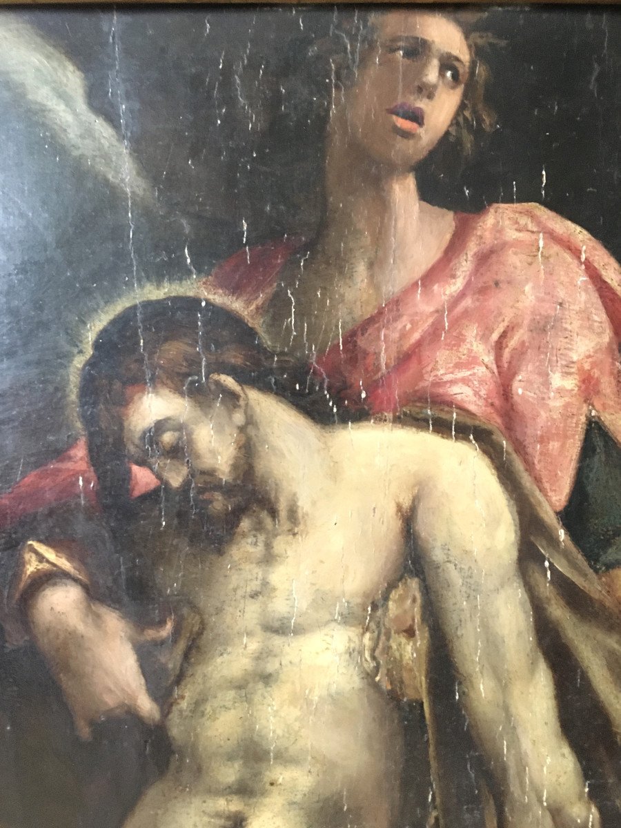 Cercle de Bartholomeus Spranger . "Le Christ mort soutenu par les anges". XVIe-XVIIe.-photo-3