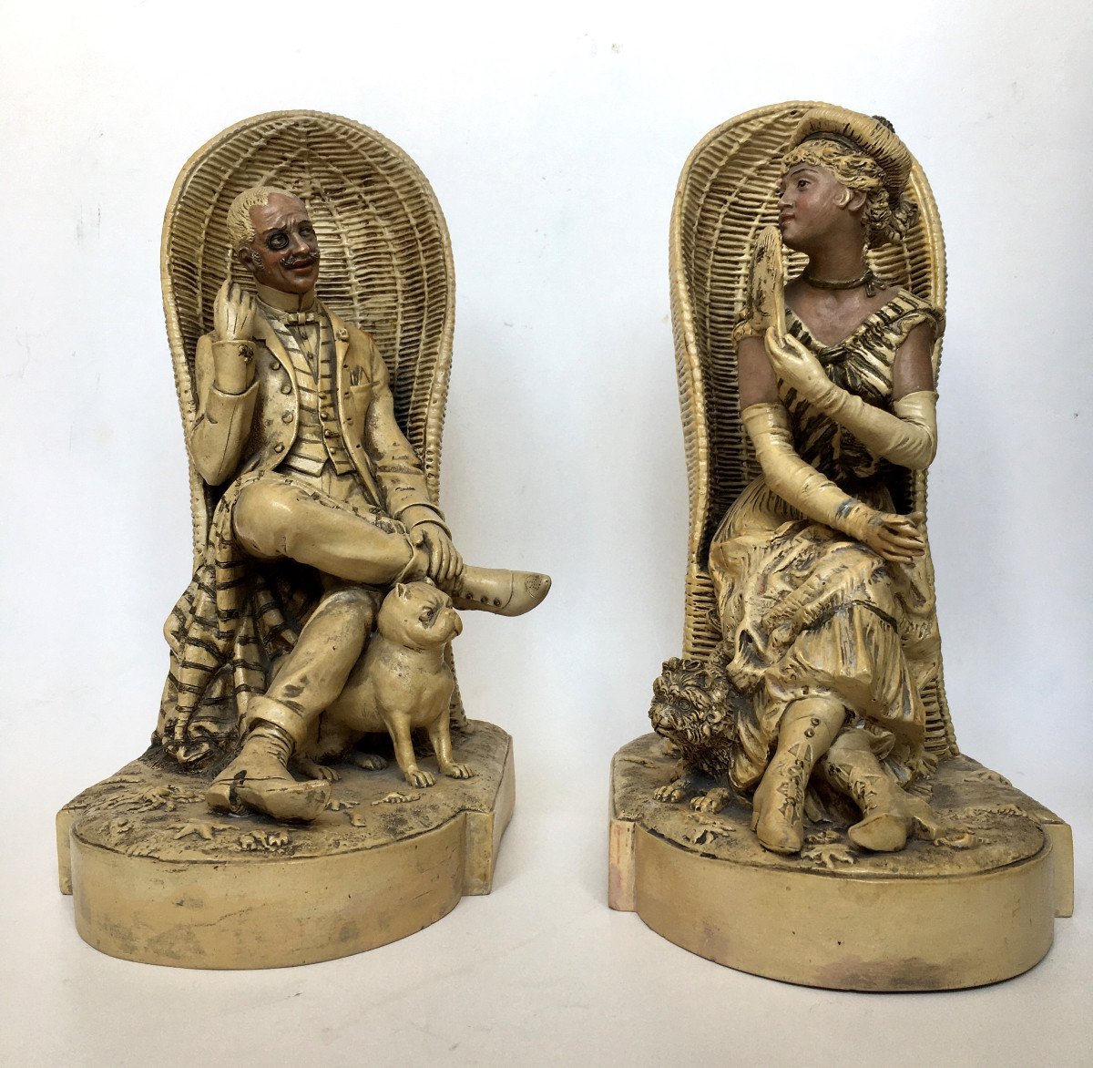 Pair Of Polychrome Terracotta. "elegant On The Beach At The End Of The 19th Century". Austria.