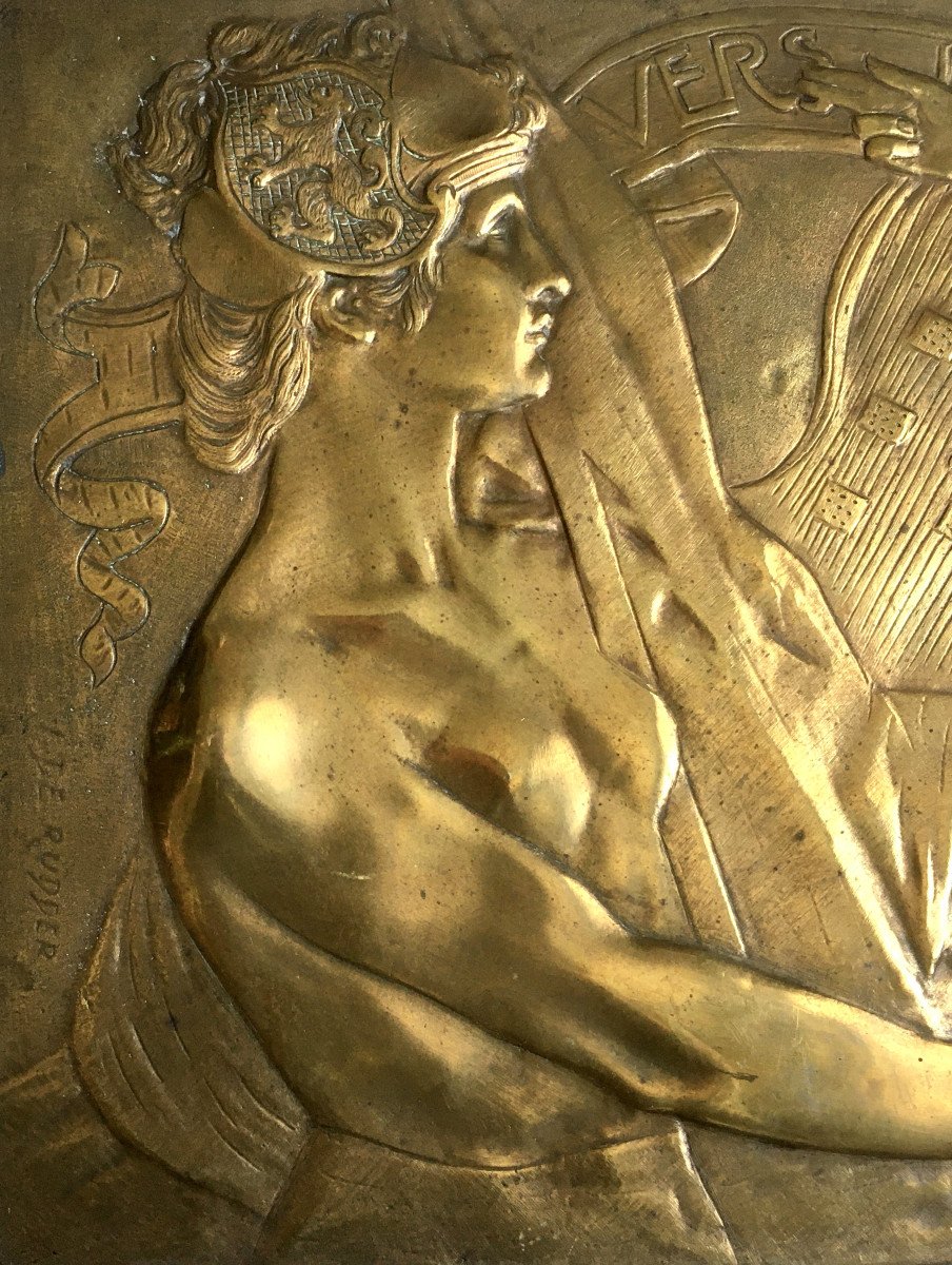 Isidore De Rudder (Bruxelles 1855-1943). Vers l'Entente".Bas-relief. Bronze doré.  Art Nouveau.-photo-2