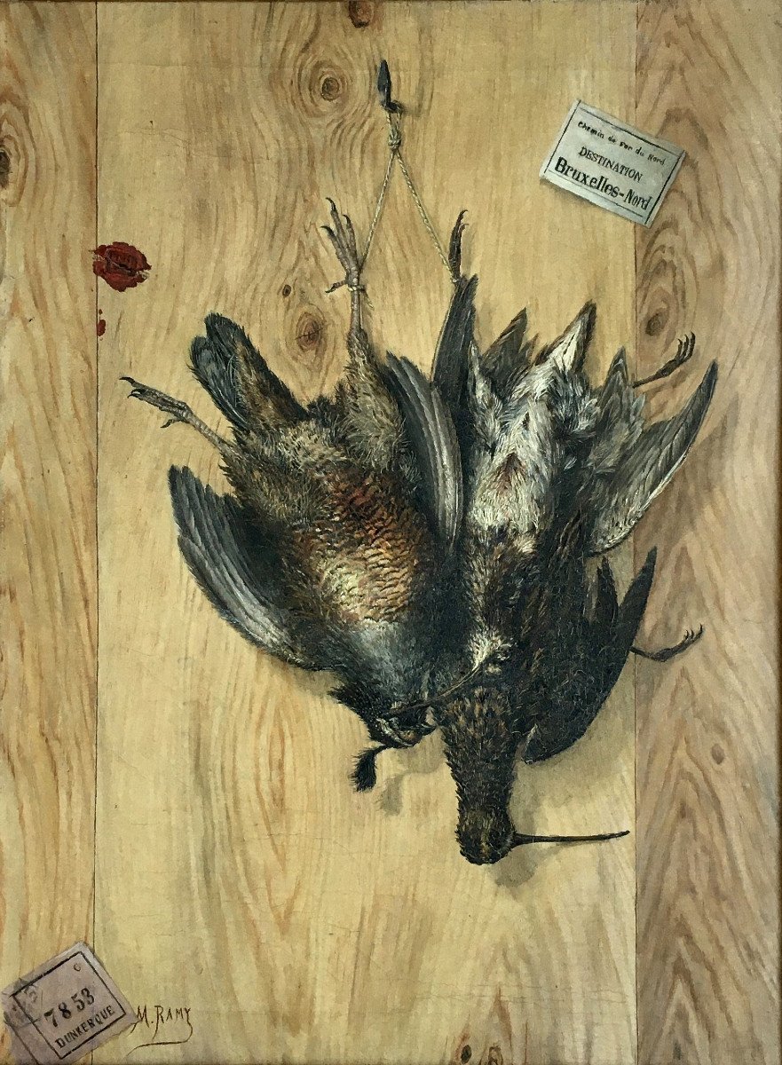 “trompe-l’oeil With Hunting Decor”. Sign. Around 1900.-photo-2
