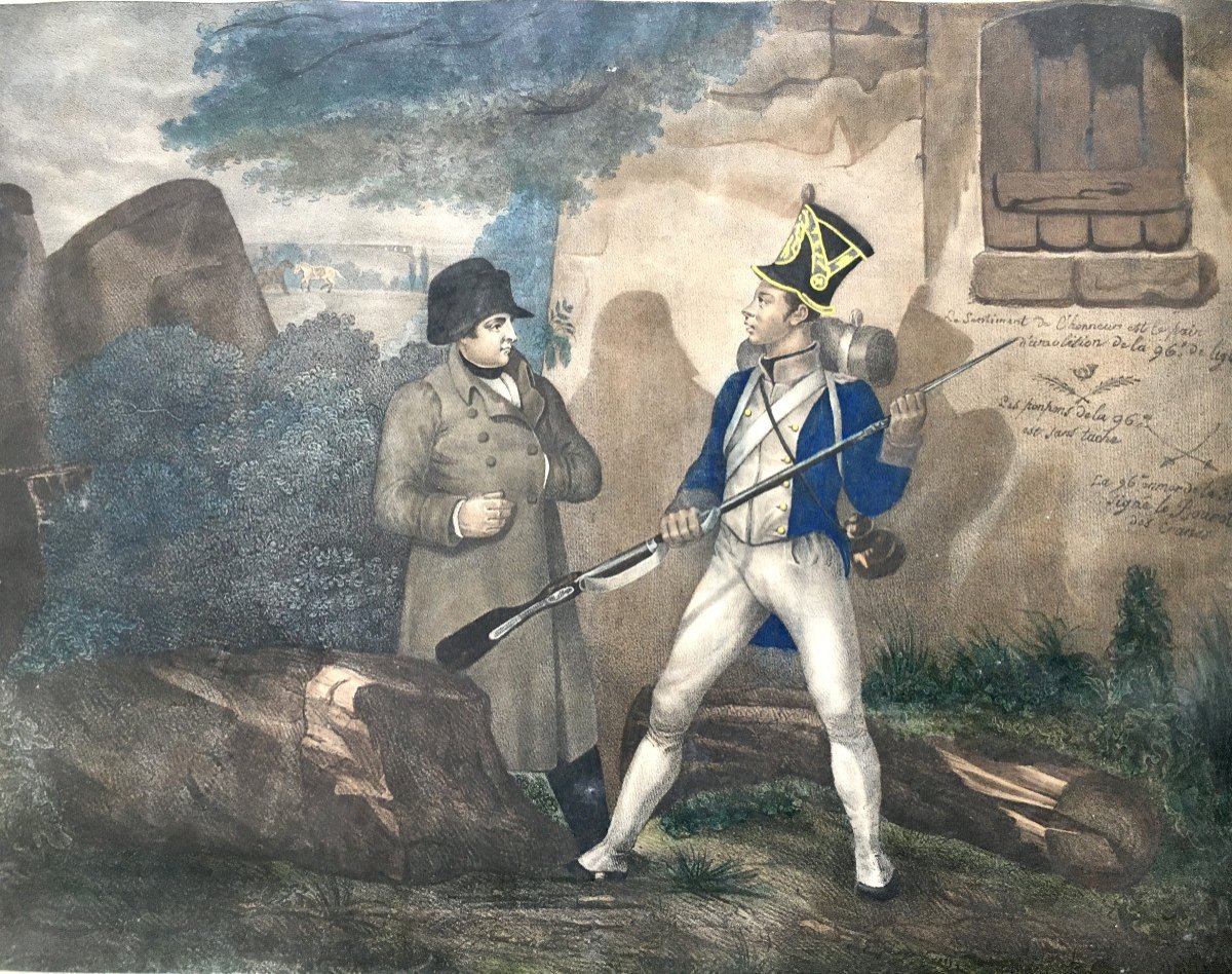 Napoléon. Lithographie rehaussée à l'aquarelle. "On ne passe pas". XIXe.