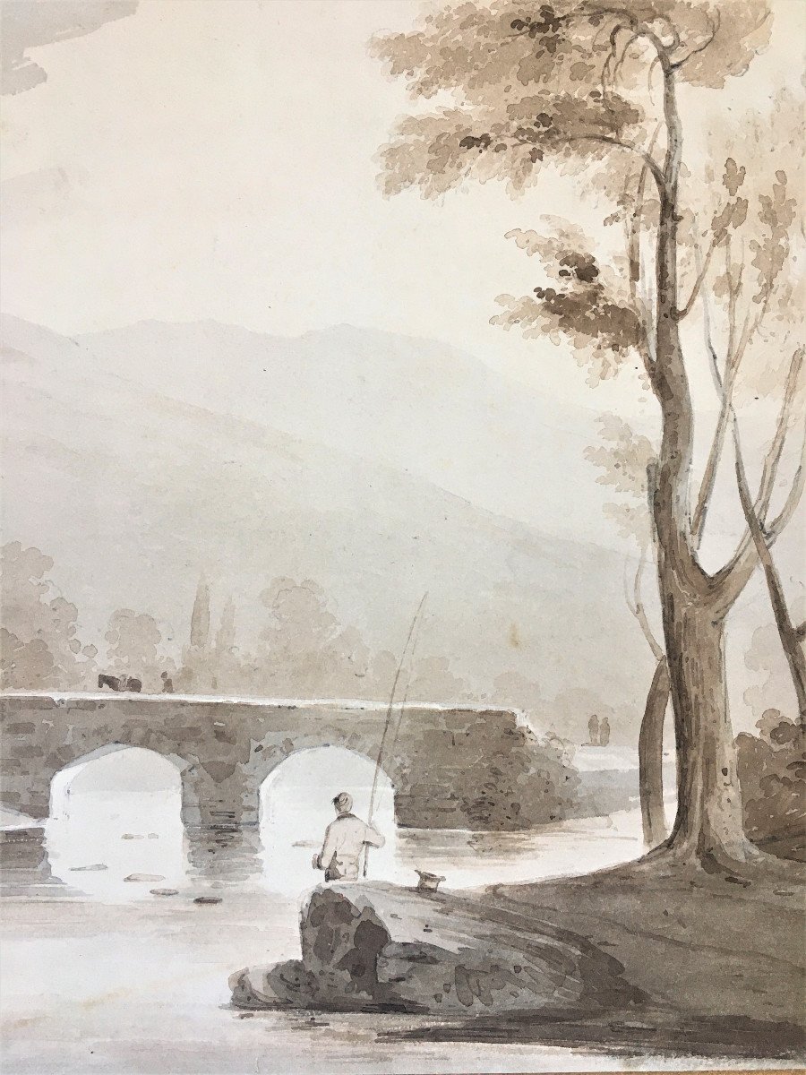 Samuel Jackson (bristol, 1794 – Clifton 1869). “landscape With A Fisherman”. Watercolor.-photo-3