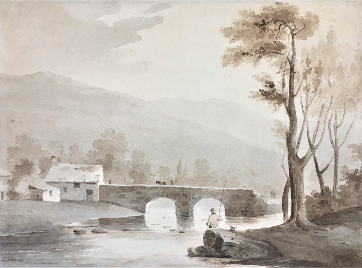 Samuel Jackson (bristol, 1794 – Clifton 1869). “landscape With A Fisherman”. Watercolor.