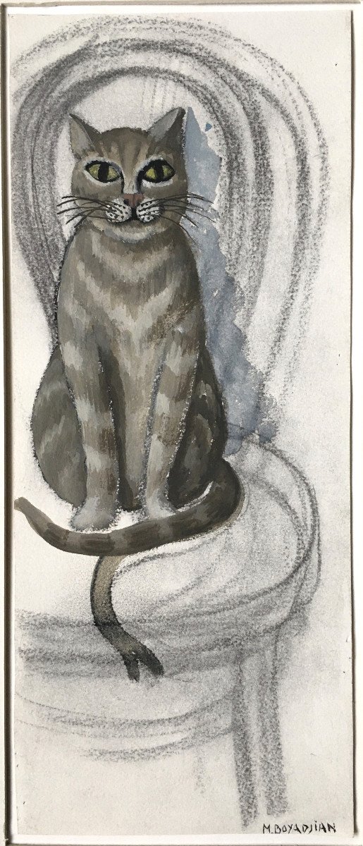 Micheline Evrard Boyadjian (1923-2019). "striped Cat". 1960s. Gouache.-photo-2
