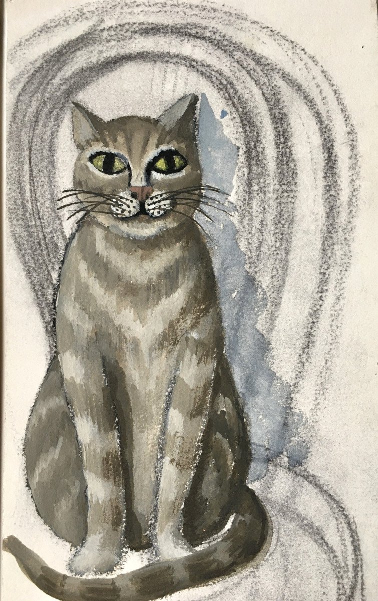 Micheline Evrard Boyadjian (1923-2019). "striped Cat". 1960s. Gouache.-photo-3