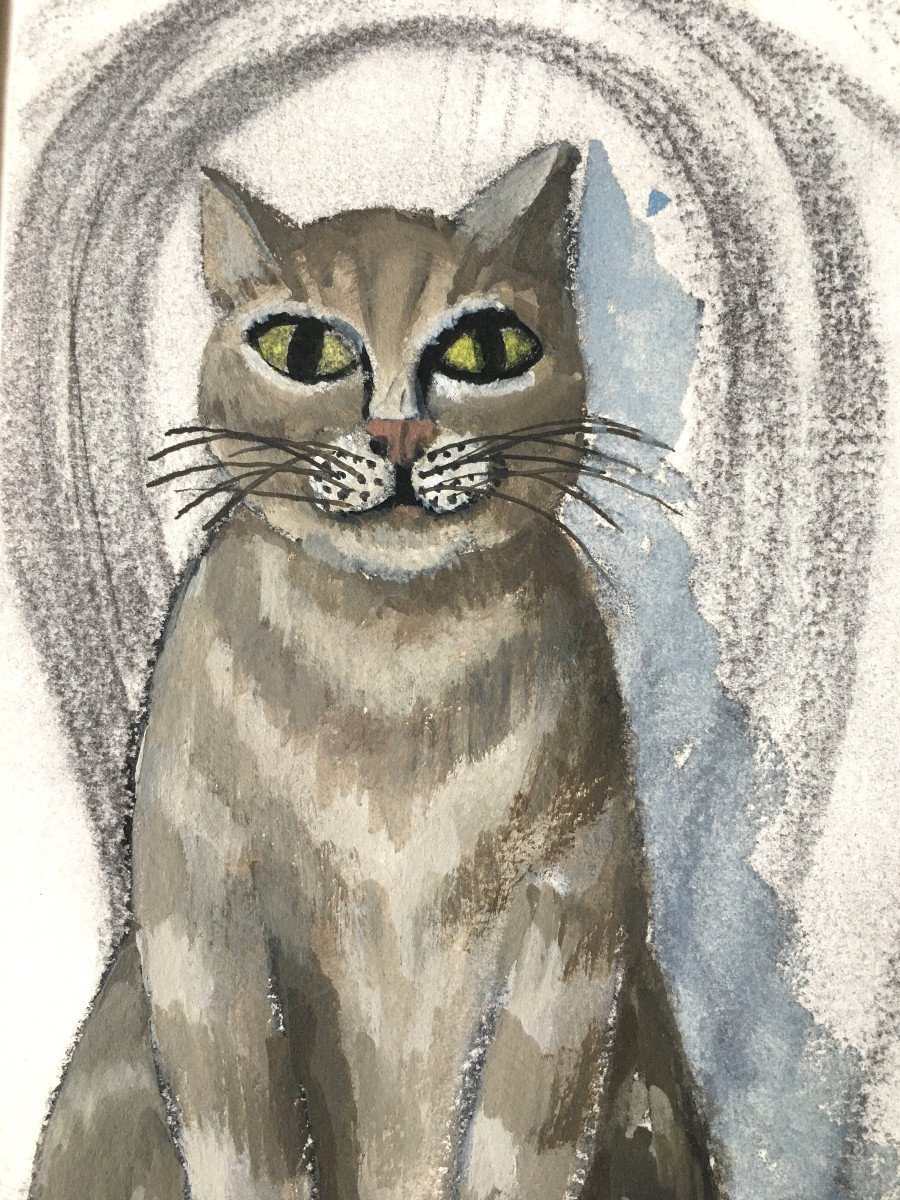 Micheline Evrard Boyadjian (1923-2019). "striped Cat". 1960s. Gouache.-photo-4