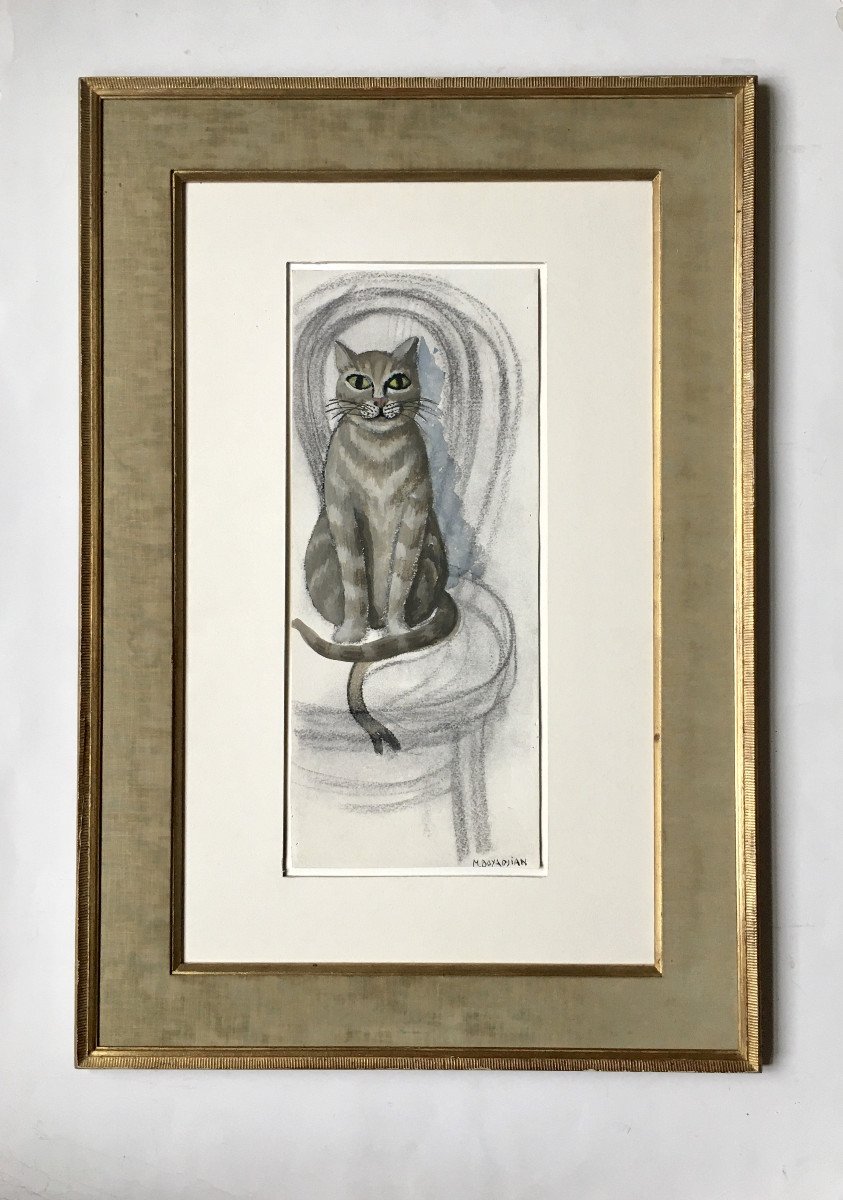 Micheline Evrard Boyadjian (1923-2019). "striped Cat". 1960s. Gouache.