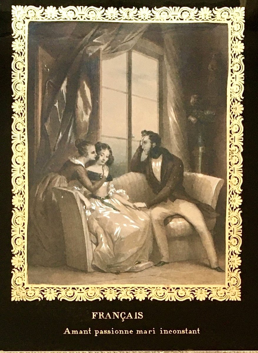 Achille Devéria (Paris, 1800-1857). Cadres églomisés. Paire de gravures, scènes romantiques.  "Français et Anglais".-photo-4