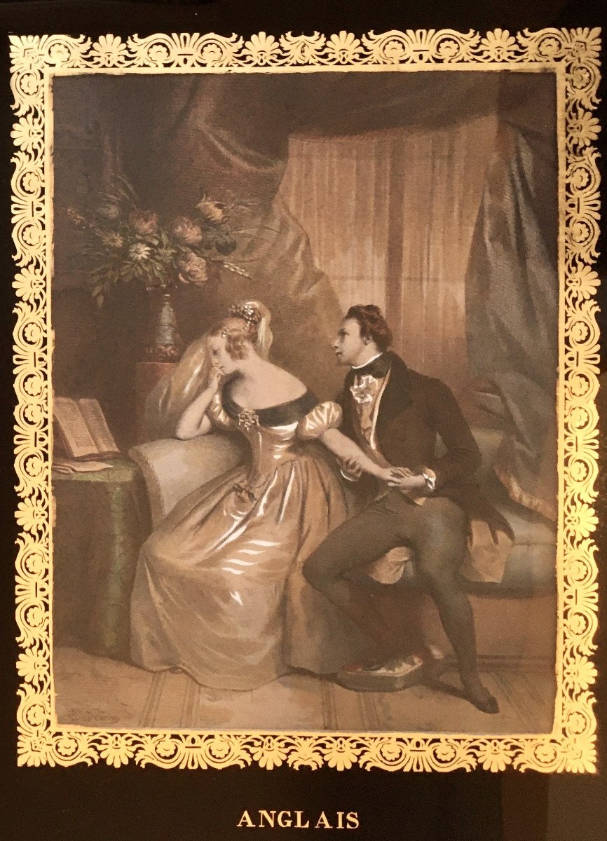Achille Devéria (Paris, 1800-1857). Cadres églomisés. Paire de gravures, scènes romantiques.  "Français et Anglais".-photo-1