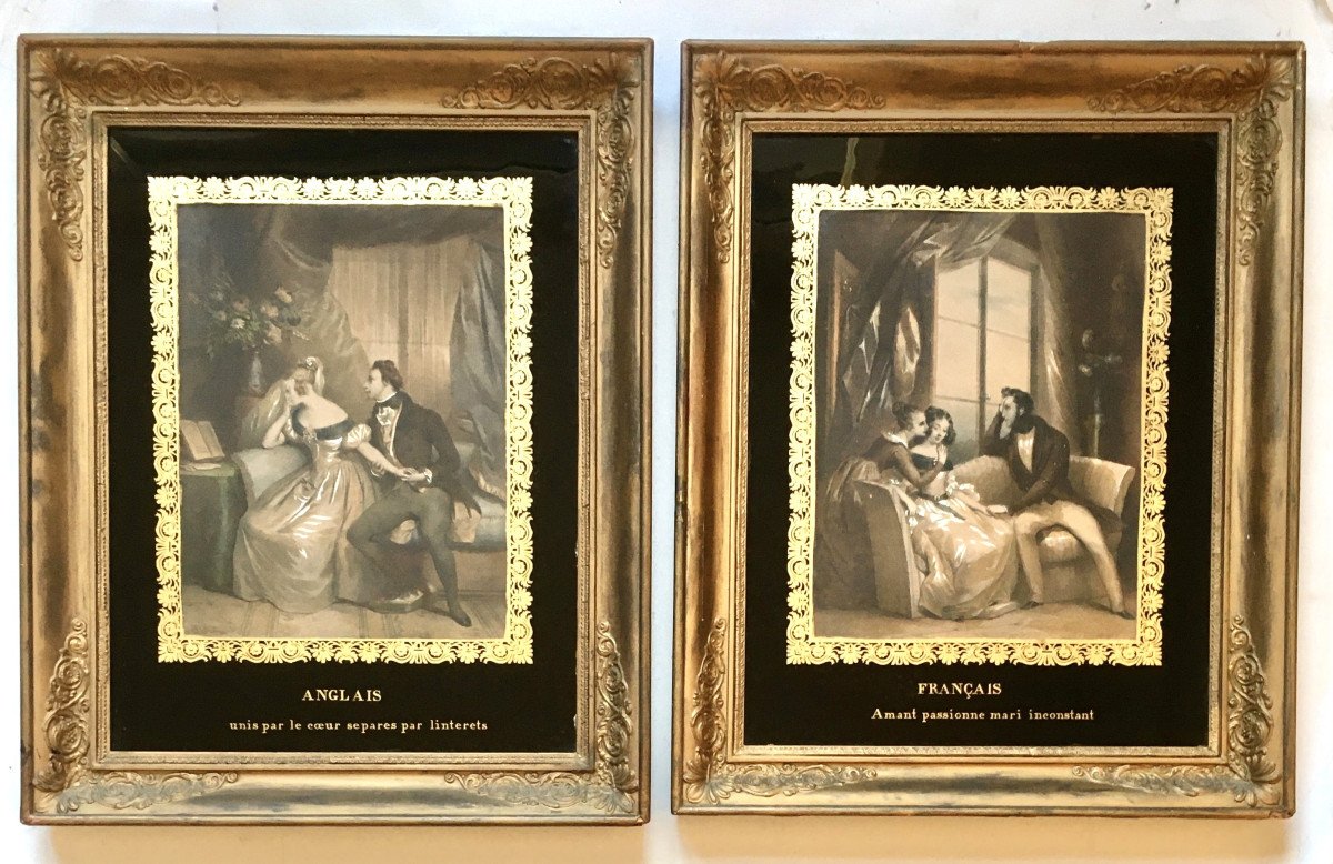Achille Devéria (Paris, 1800-1857). Cadres églomisés. Paire de gravures, scènes romantiques.  "Français et Anglais".