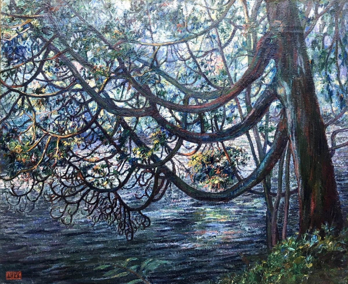 François Pycke (Gand, 1890-1960). " Arbre en fleurs au bord de l'eau". Années 20.-photo-2