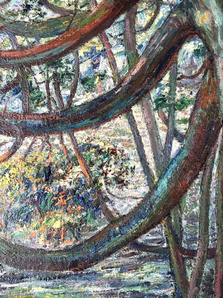François Pycke (Gand, 1890-1960). " Arbre en fleurs au bord de l'eau". Années 20.-photo-3