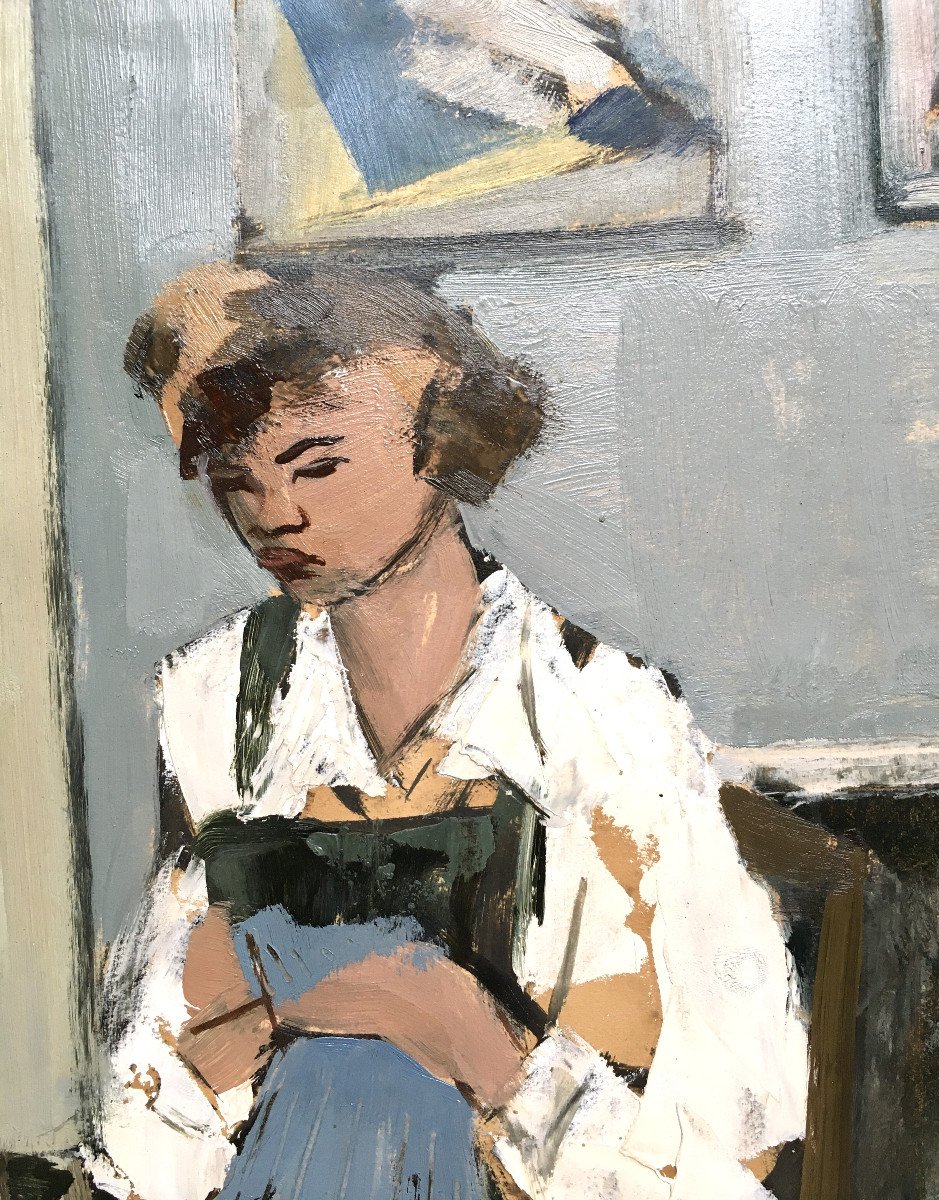 Georgette Gielen (liège, 1930-brussels, 2015). “young Girl Knitting”. The 50's.-photo-3