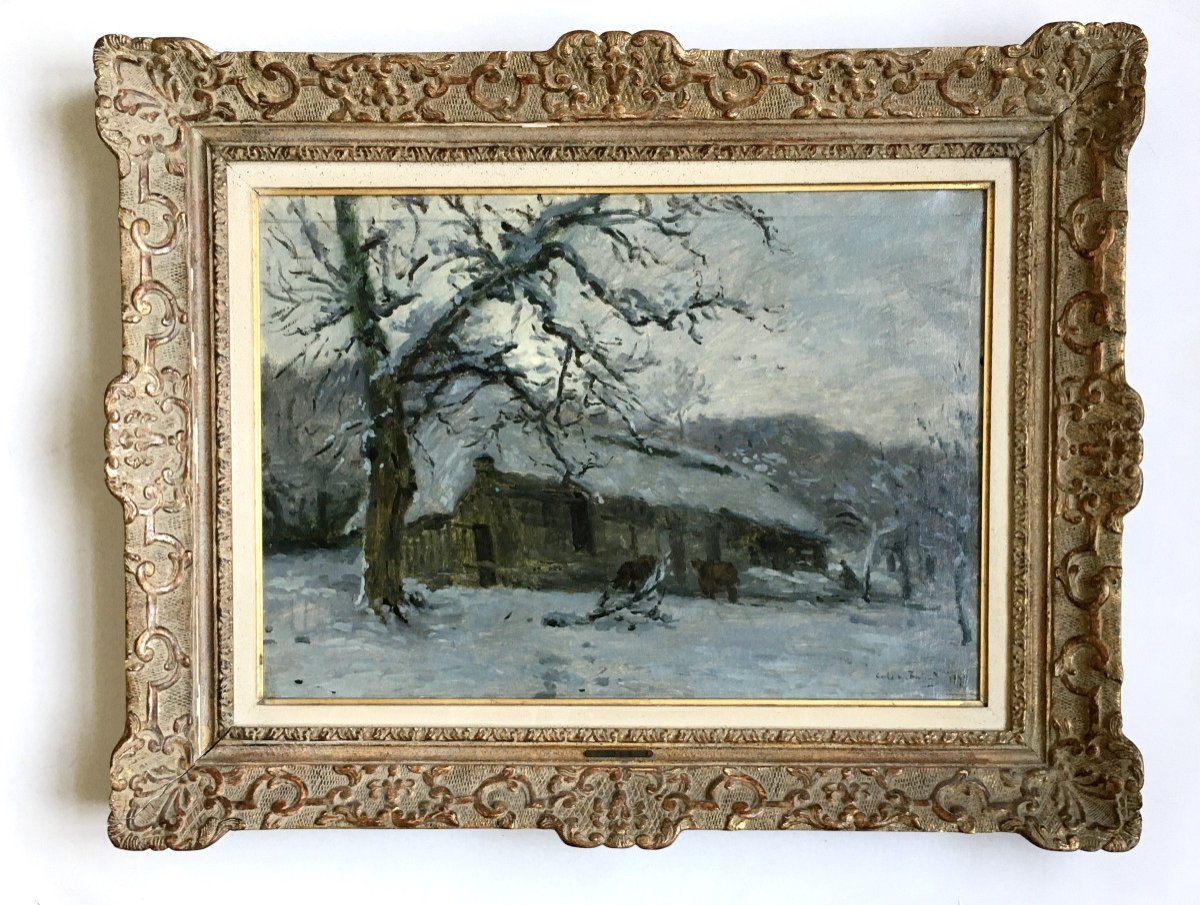Adolphe-Félix Cals (Paris,1810-Honfleur,1880)."Honfleur, La ferme du Butin sous la neige". 1878