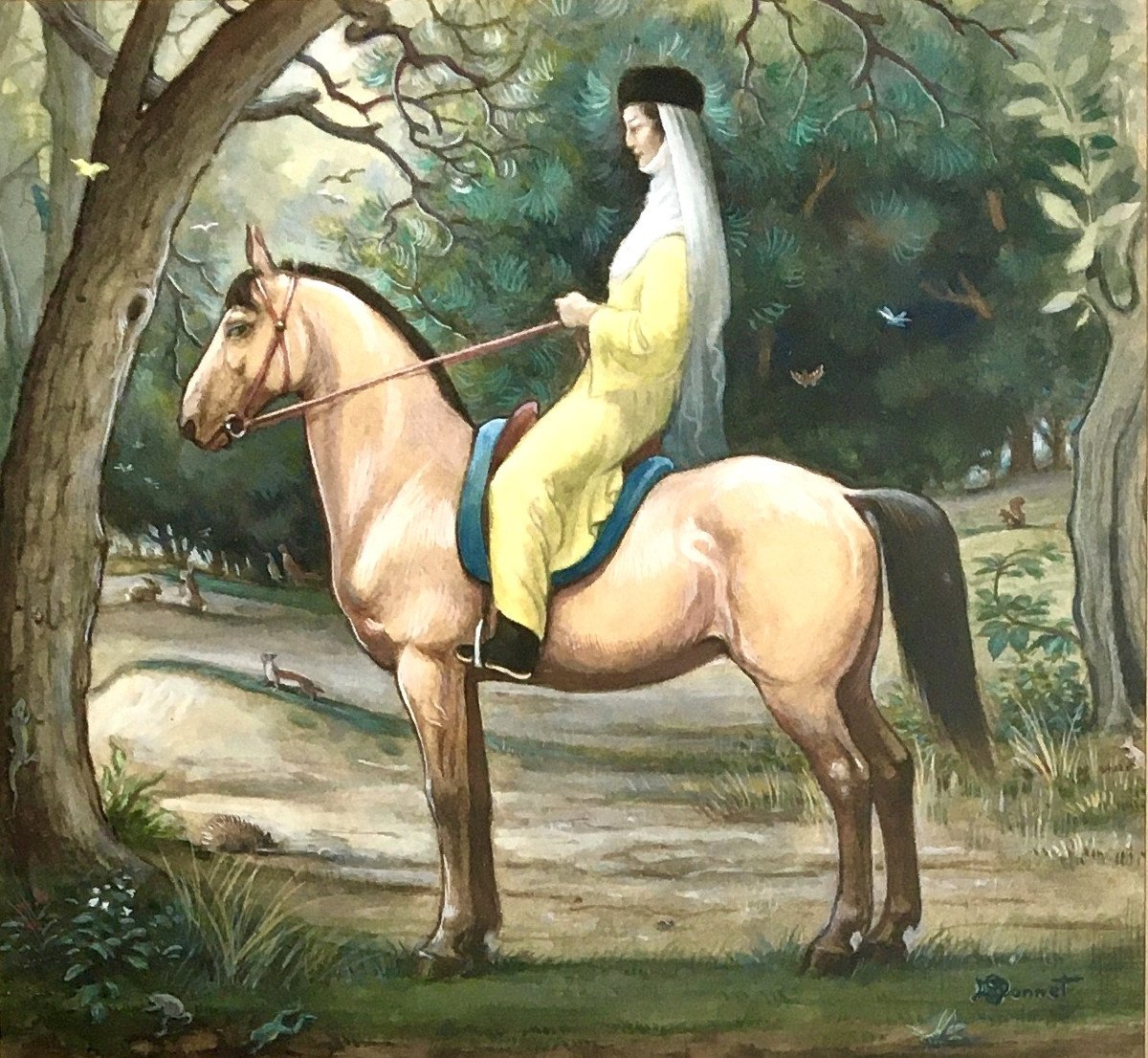 Gustave Donnet ( Anvers,1892-1973). "Cavalière dans la forêt enchantée". Années 20.