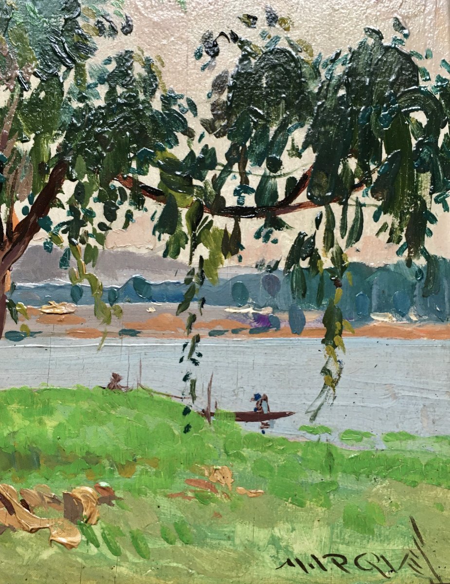 Guilherme d'Oliveira Marques (brazil,1887- Kinshasa,1960). “canoes At The Edge Of The Lake”.-photo-3