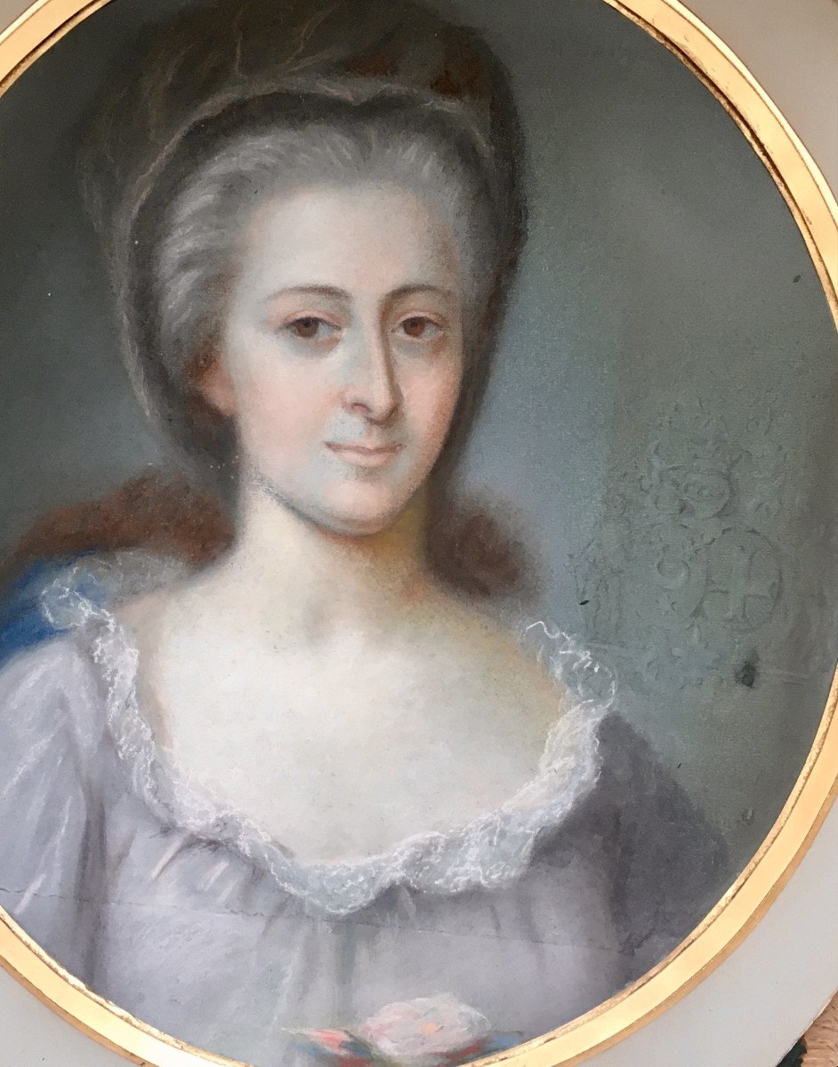 Portrait XVIIIe armorié "Femme à la coiffe". Pastel.-photo-3