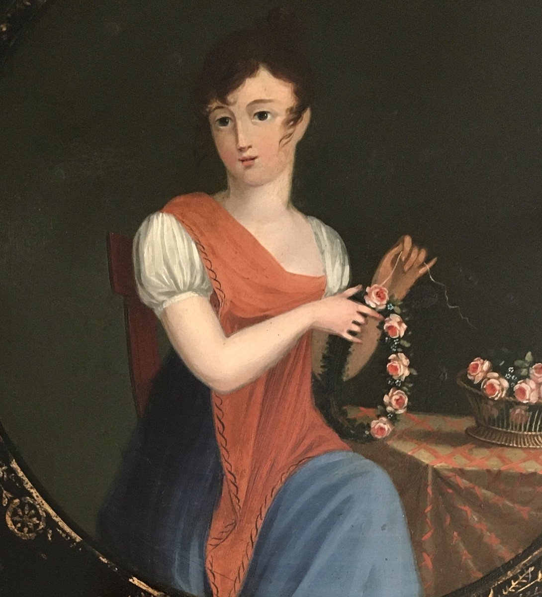 Empire Tray In Painted Sheet Metal. “young Woman With A Garland Of Roses”.-photo-2