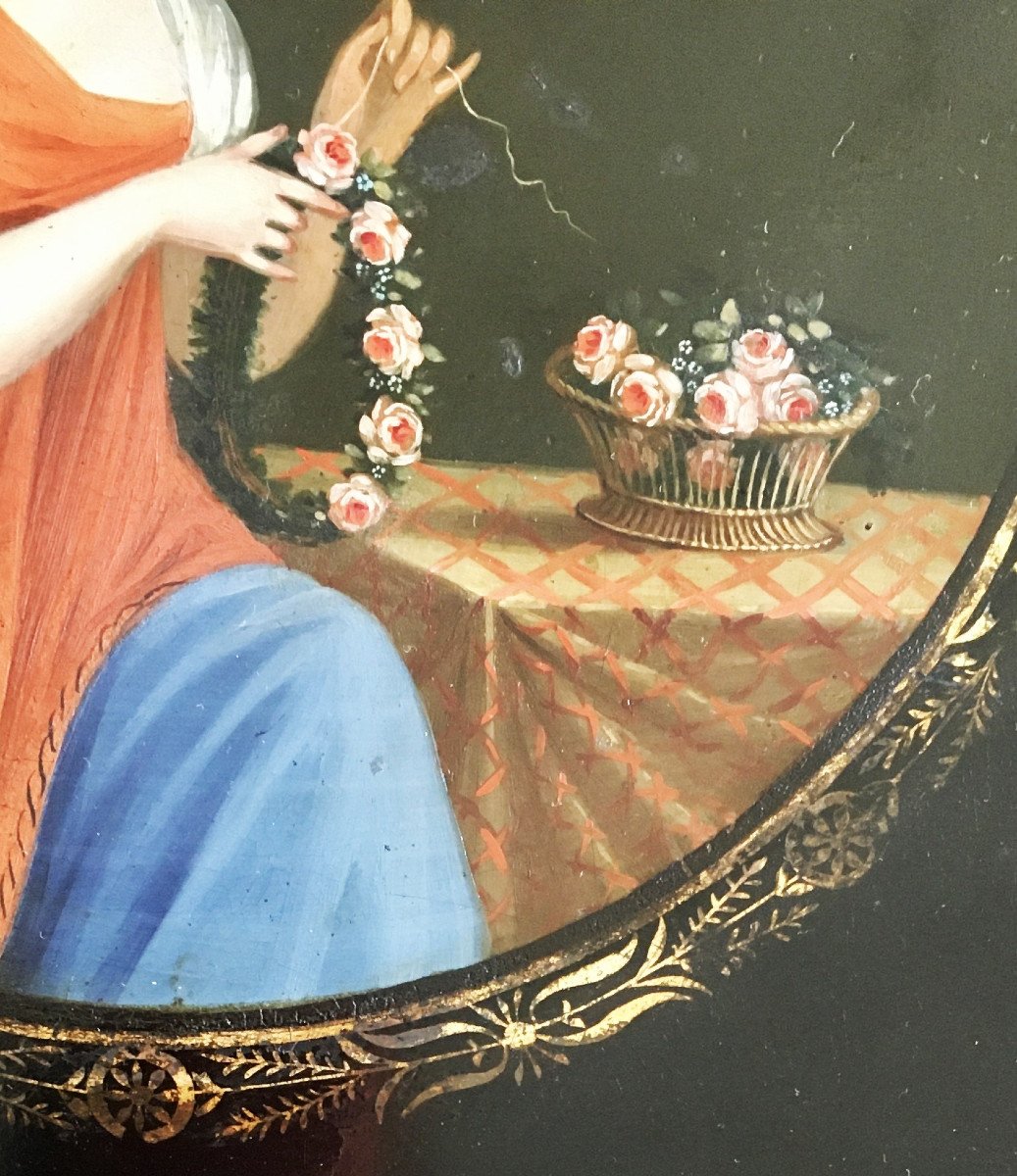 Empire Tray In Painted Sheet Metal. “young Woman With A Garland Of Roses”.-photo-4