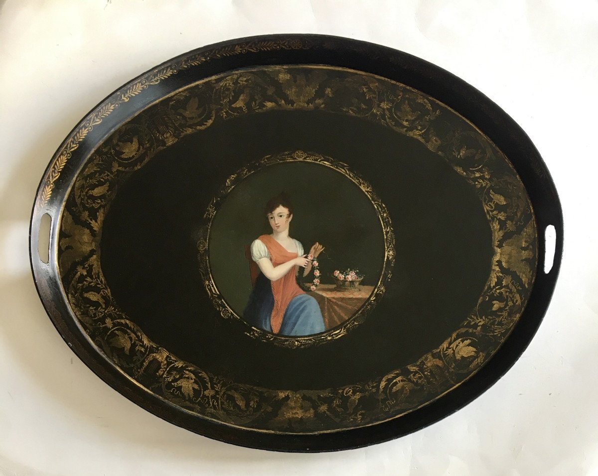 Empire Tray In Painted Sheet Metal. “young Woman With A Garland Of Roses”.