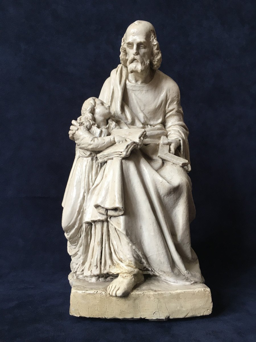 Paire de sculptures  XIXe. Terre cuite . Art religieux. " Marie, Joseph, Jésus". Vers 1830.-photo-3