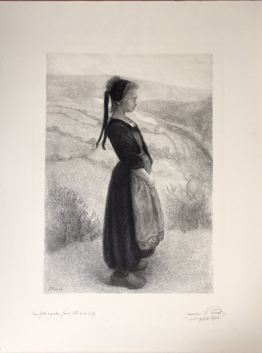 Lucien Penat (1873-1955). "Jeune fille à la coiffe". Eau-forte.