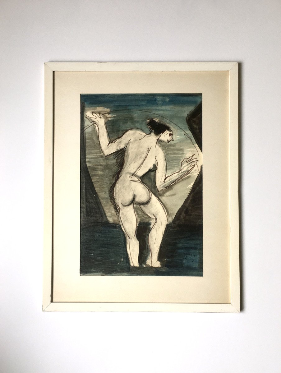 Charles Counhaye (Verviers, 1884 -Bruxelles, 1971). " Nu féminin". 1961.  Aquarelle.-photo-2