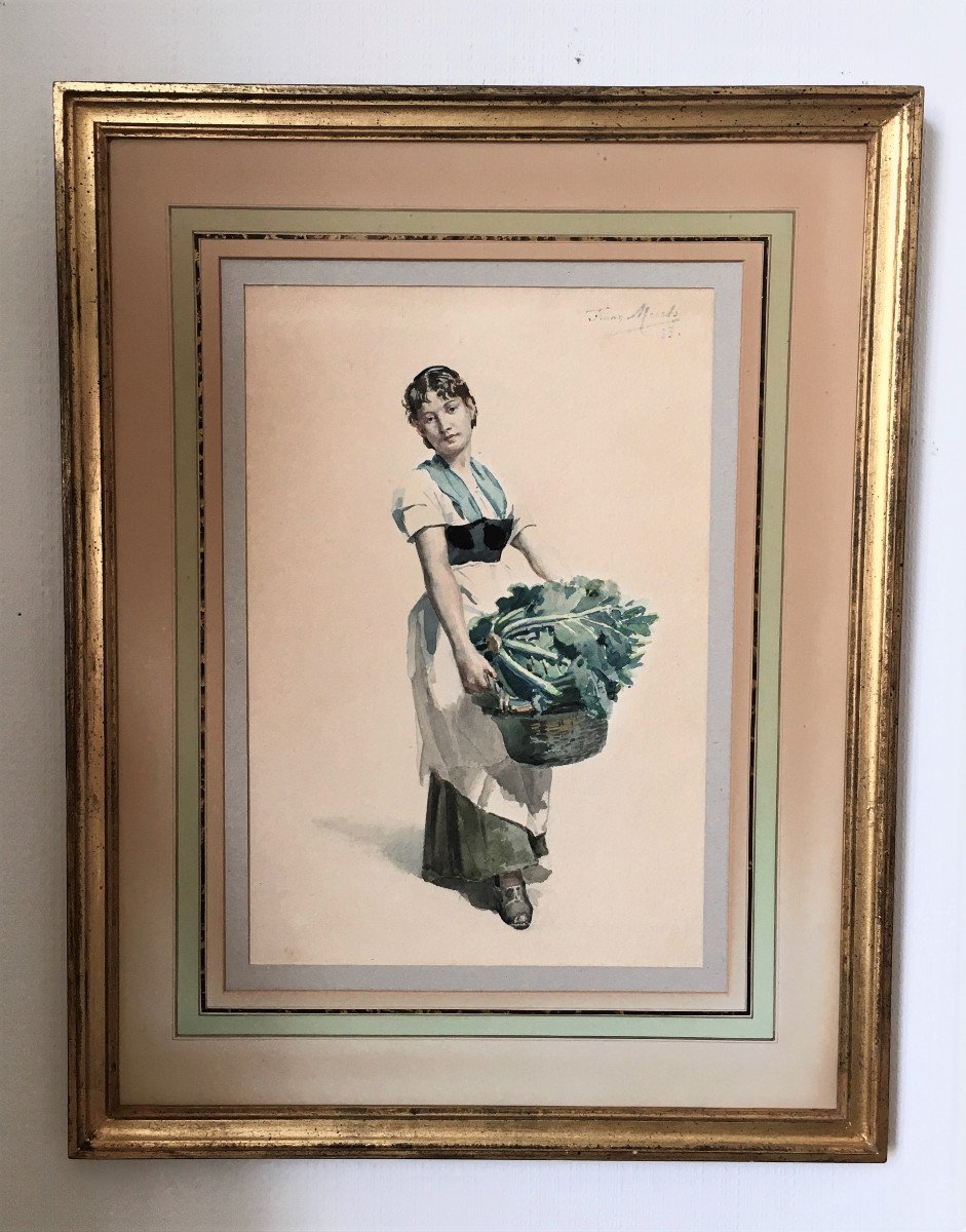 Franz Meerts (1836-1896). " La marchande de choux". 1883. Aquarelle.-photo-2