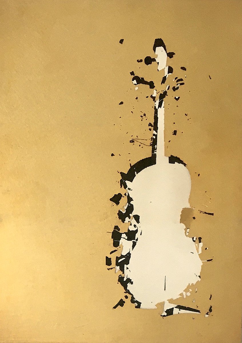 Fernandez Arman (Nice, 1928-  New York, 2005. " Violon".  Lithographie. Feuille d'Or.-photo-3