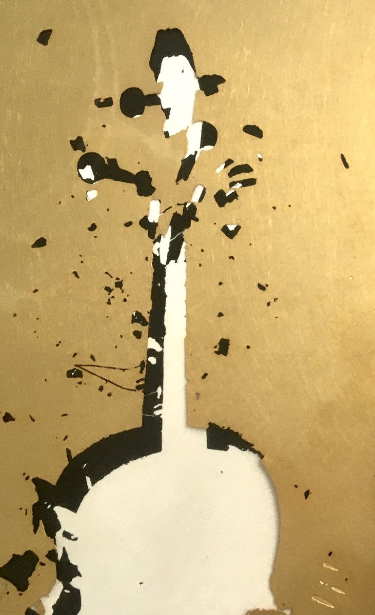 Fernandez Arman (Nice, 1928-  New York, 2005. " Violon".  Lithographie. Feuille d'Or.-photo-4