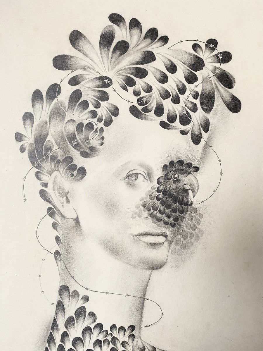 Jean Marembert (1900-1968). Dessin surréaliste "Femme oiseau". Années 40.-photo-4