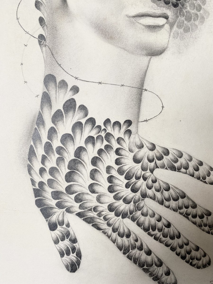 Jean Marembert (1900-1968). Dessin surréaliste "Femme oiseau". Années 40.-photo-2