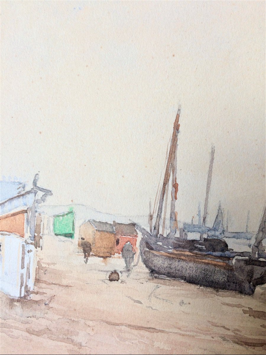 Edouard Elle (1859-1911). "boats On The Beach". Watercolor. XIX.-photo-3