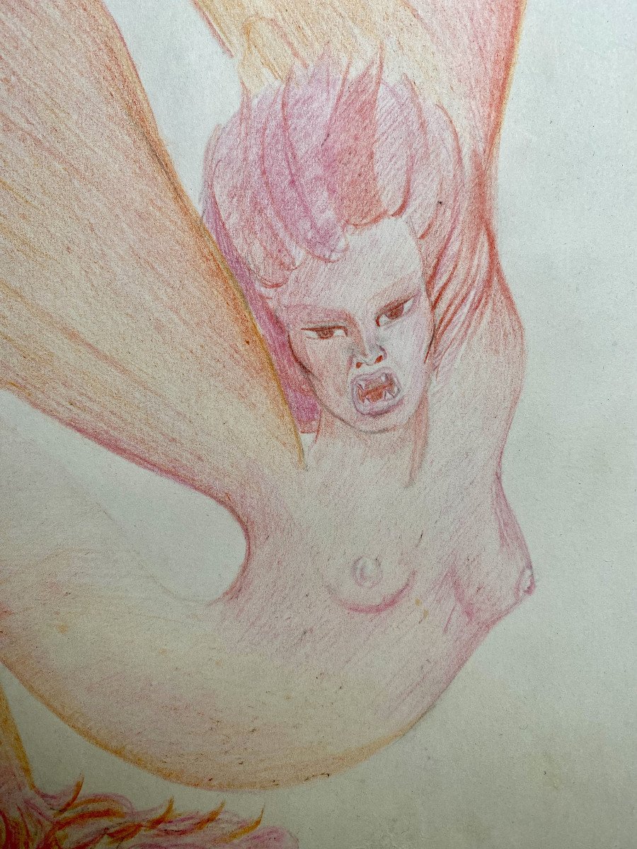 Jean-Marie Fievez (1949-2007). "Cherubin". Crayon. Années 70.-photo-1
