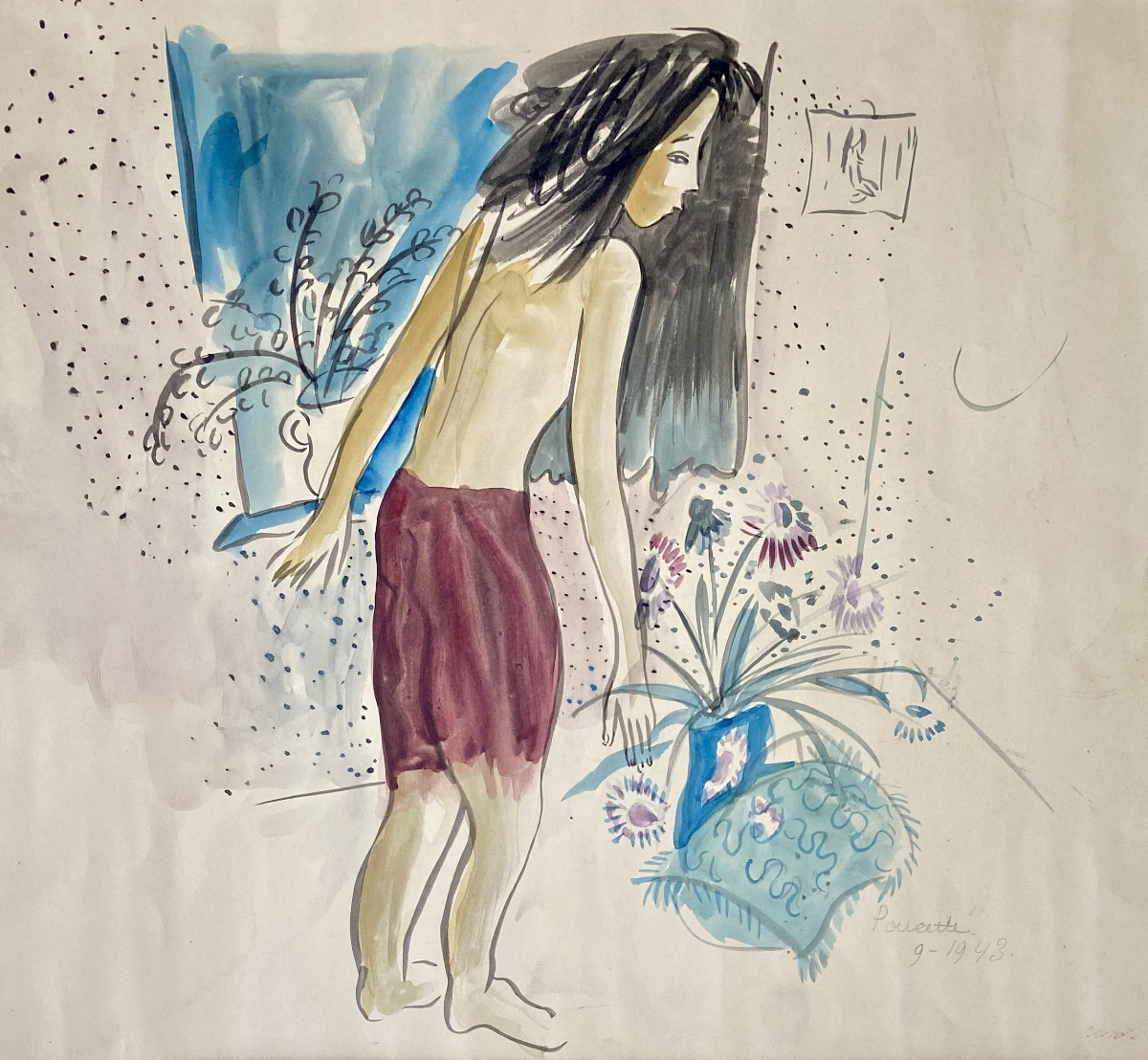 Thumbelina Falconer (1924-2004). "young Girl With Vases". 1943. Watercolor.