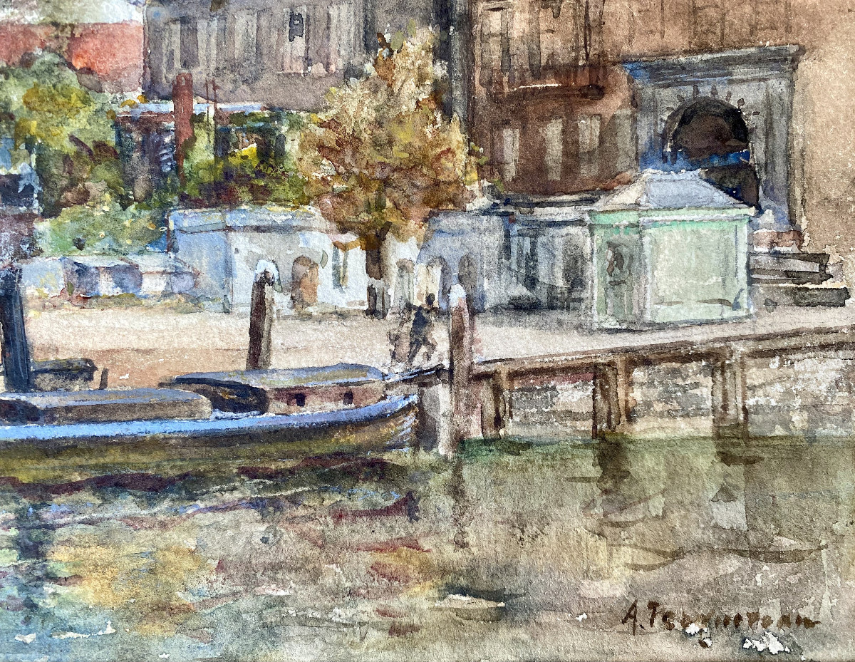 Alphonse PECQUEREAU (Valenciennes,1831- Bruxelles,1917). " Balade en bateau". XIXe. Aquarelle.-photo-3