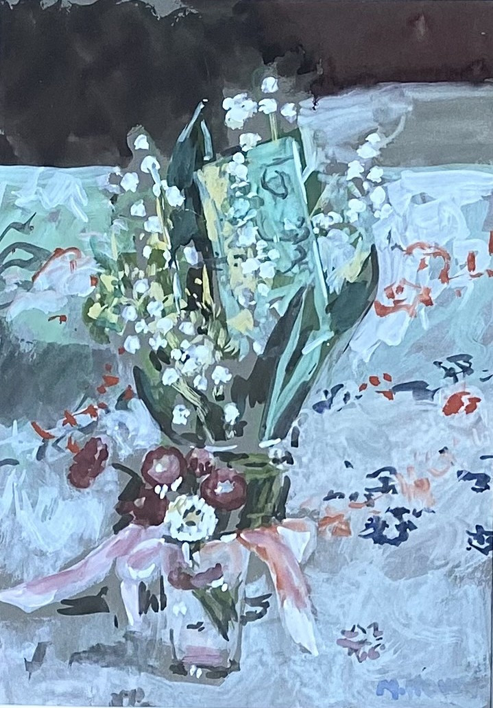 Marie Howet ( Libramont, 1897 - 1984)." Nature morte aux muguets". Gouache. Années 30.-photo-4