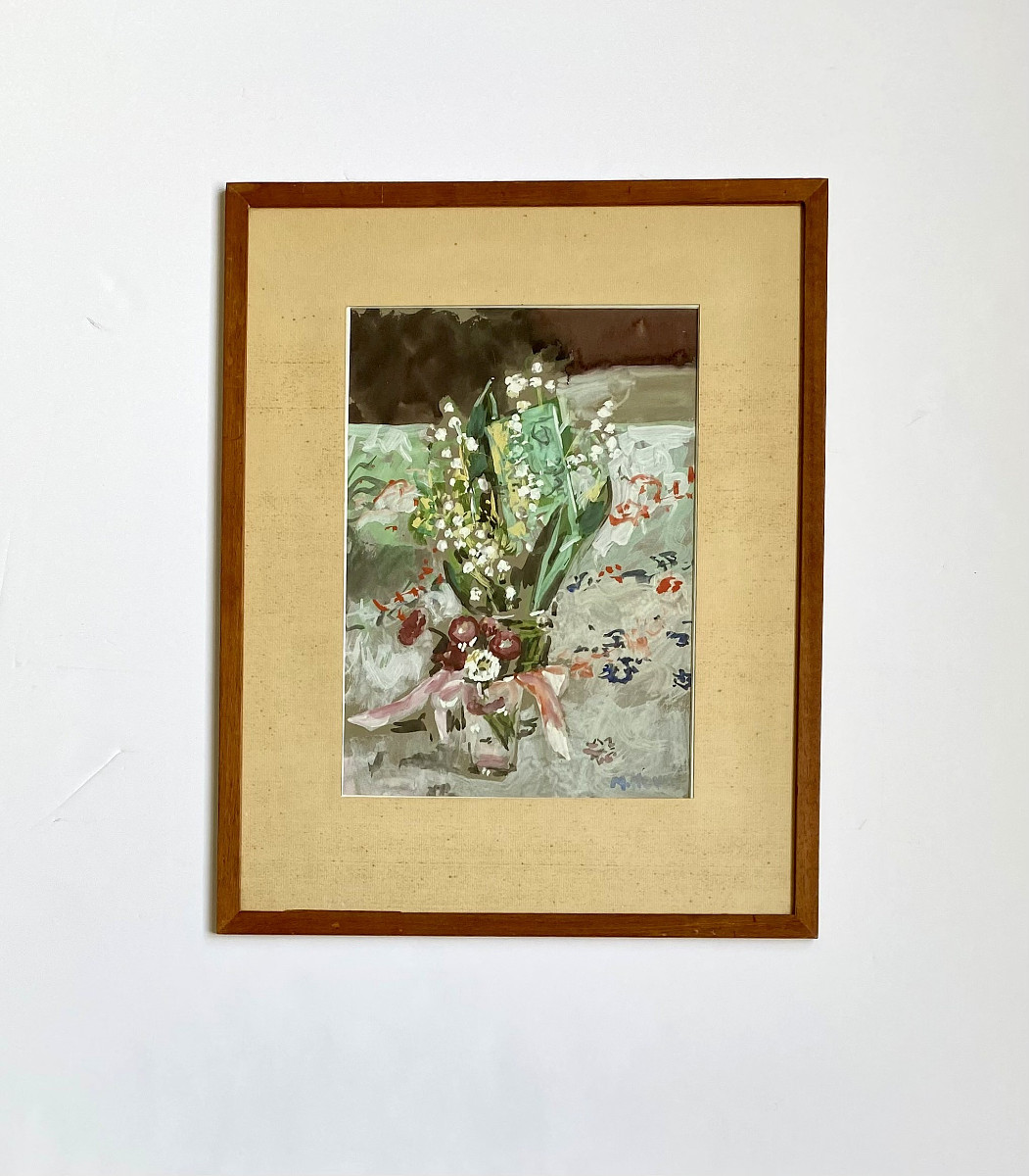 Marie Howet ( Libramont, 1897 - 1984)." Nature morte aux muguets". Gouache. Années 30.