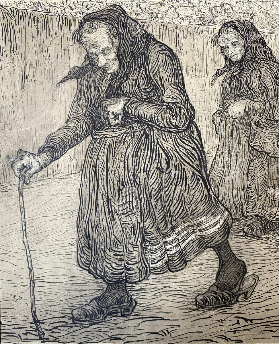 Moses Levy (1885, Tunis - 1968, Viareggio). "Les vieux". 1905. Encre de chine.-photo-3
