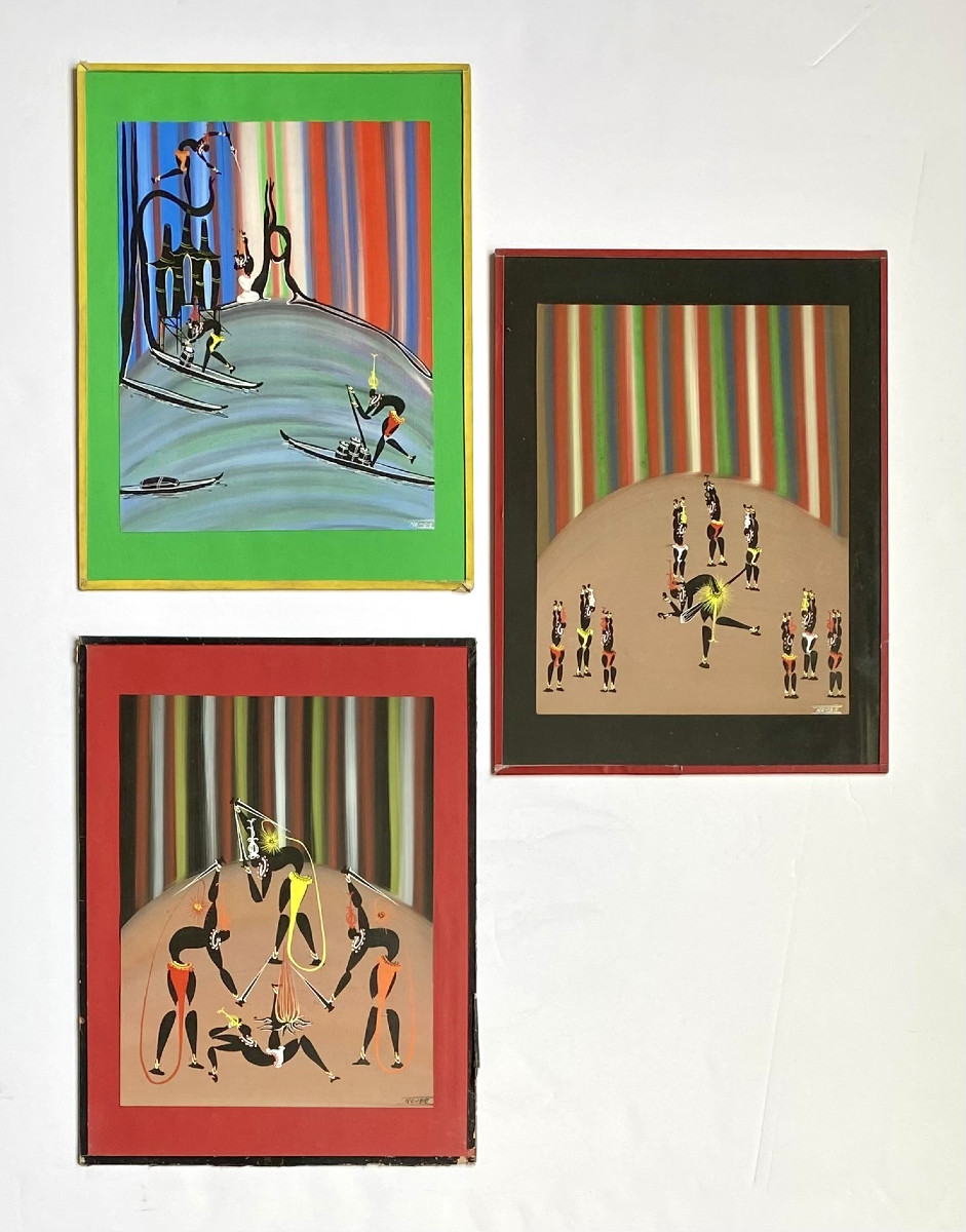 École de Poto-Poto. Ngabie (XXe). Vers 1960. Trois gouaches.