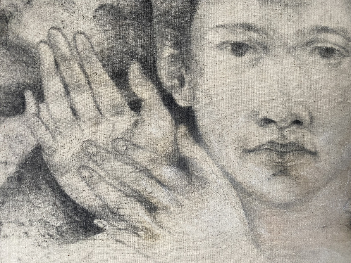 Charly Vienne ( Frameries, 1942). " Portrait d'homme". 1970. Fusain sur toile. -photo-3