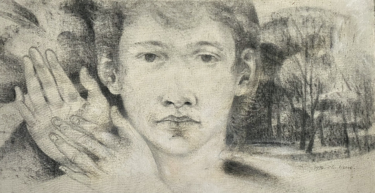 Charly Vienne ( Frameries, 1942). " Portrait d'homme". 1970. Fusain sur toile. 